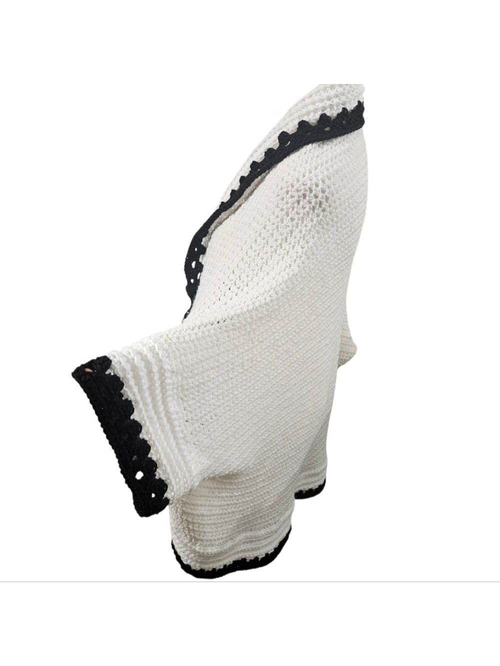 Handmade White Hand Knit Crochet Cocoon Cardigan Granny Square Black Open Front - Picture 4 of 17